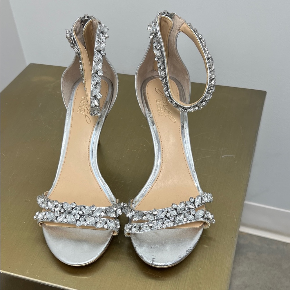 Jewel Badgley Mischka Silver Crystal Embellished Ankle-Strap Heels